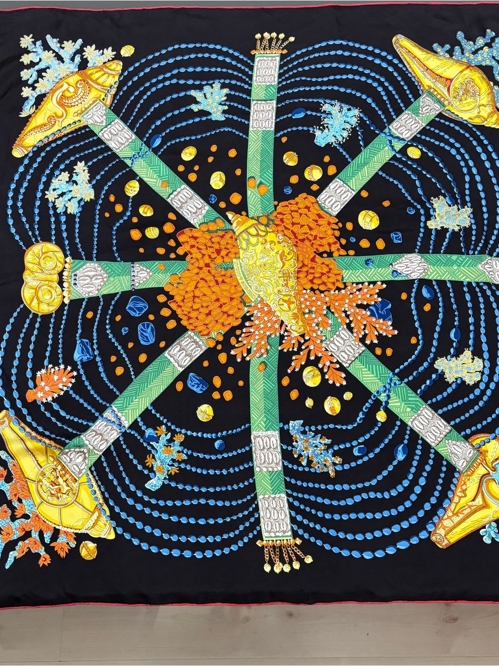 HERMES Chemins de Corail Silk Scarf 90 made in France 100% silk by Annie Faivre